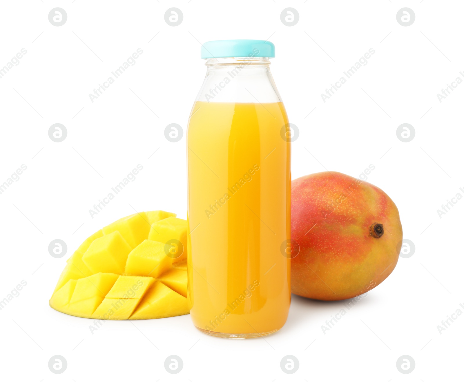 Tasty mango juice in glass bottle and fresh fruits isolated on white Photo of Tasty mango juice in glass bottle and fresh fruits isolated on white