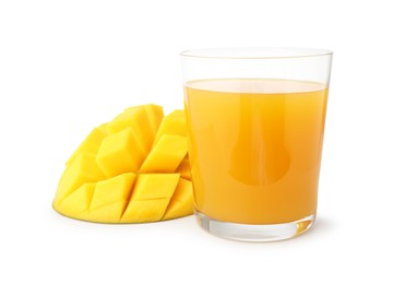 Photo of Tasty mango juice in glass and fresh fruit isolated on white