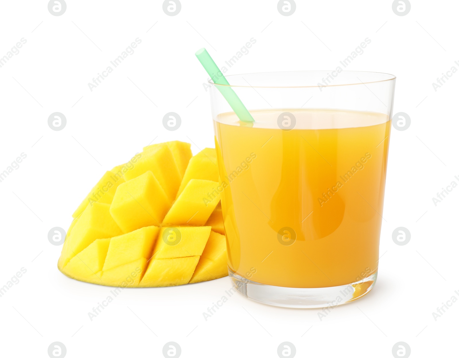 Tasty mango juice in glass and fresh fruit isolated on white Photo of Tasty mango juice in glass and fresh fruit isolated on white