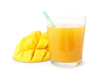 Photo of Tasty mango juice in glass and fresh fruit isolated on white