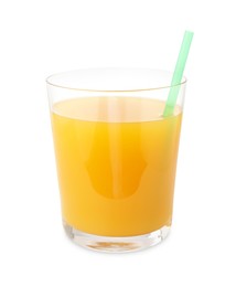 Photo of Tasty mango juice in glass with straw isolated on white