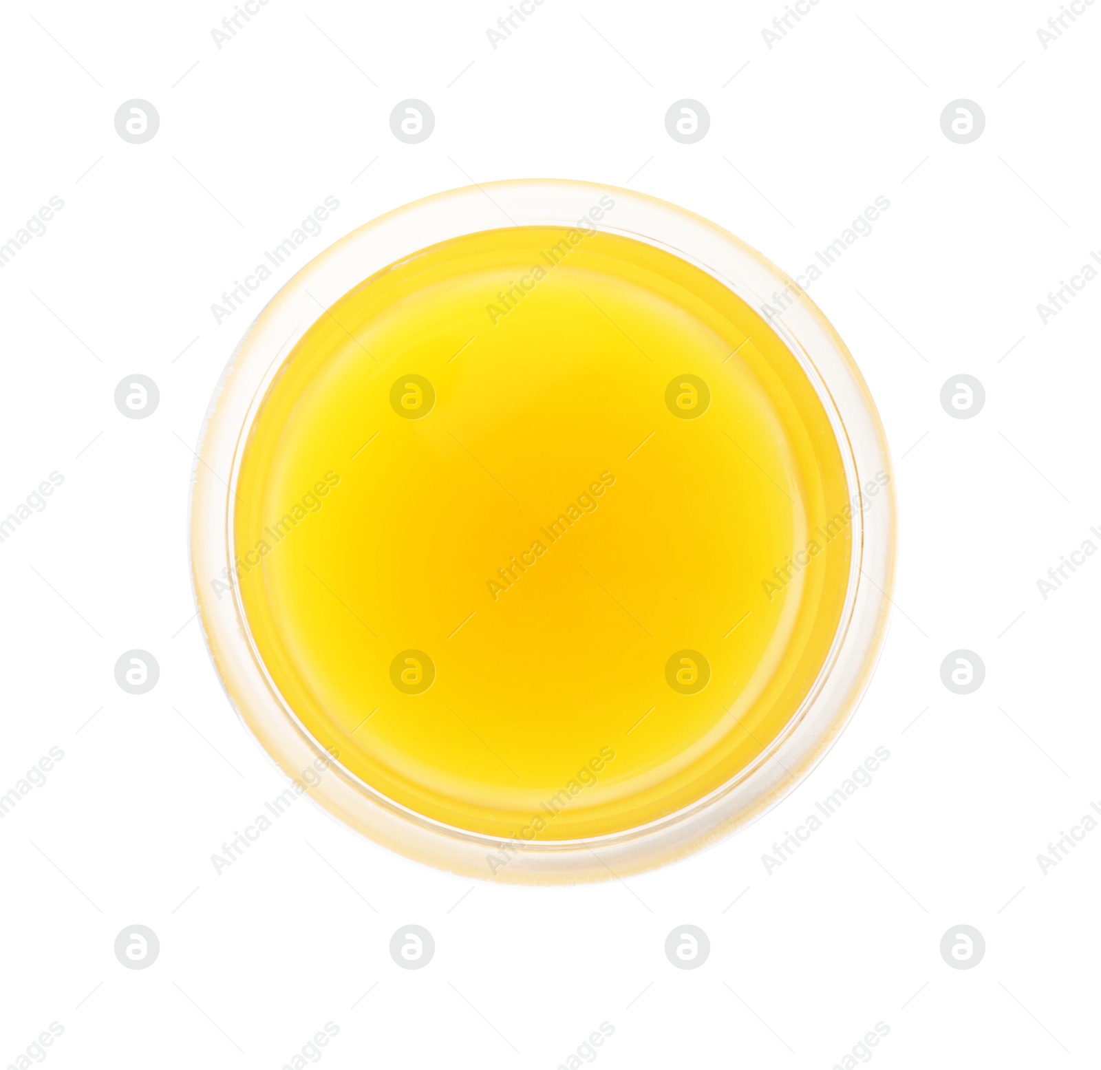 Tasty mango juice in glass isolated on white, top view Photo of Tasty mango juice in glass isolated on white, top view
