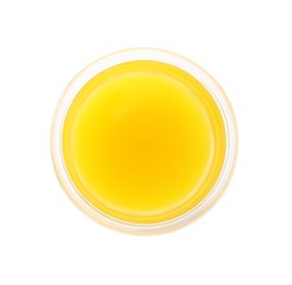 Photo of Tasty mango juice in glass isolated on white, top view