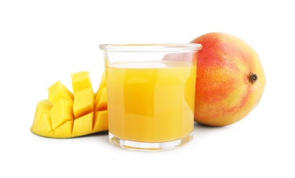 Photo of Tasty mango juice in glass and fresh fruits isolated on white