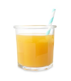 Photo of Tasty mango juice in glass with straw isolated on white