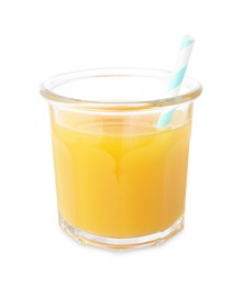 Photo of Tasty mango juice in glass with straw isolated on white