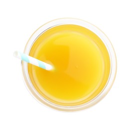 Photo of Tasty mango juice in glass isolated on white, top view