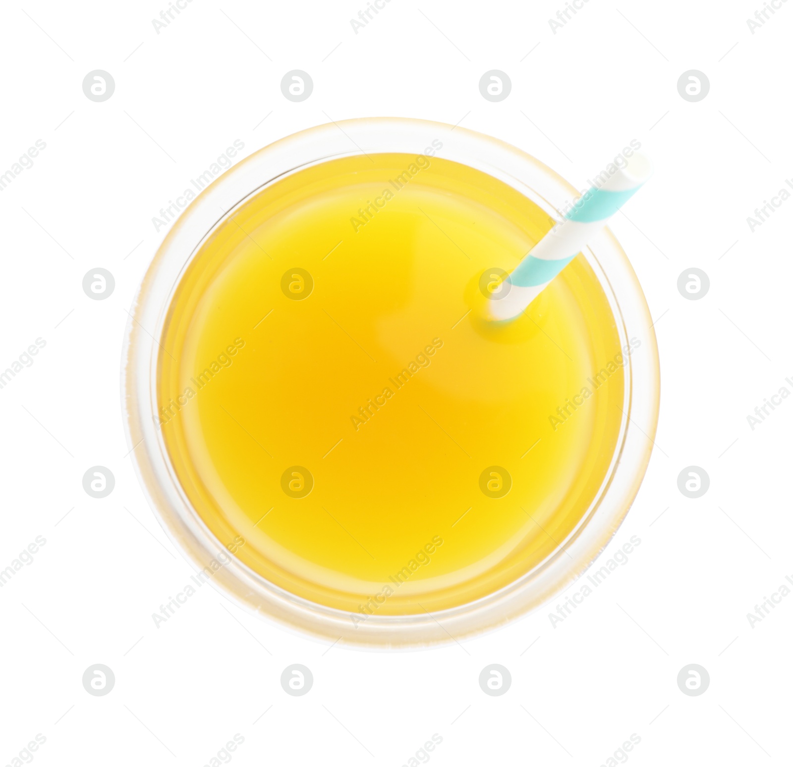 Tasty mango juice in glass isolated on white, top view Photo of Tasty mango juice in glass isolated on white, top view