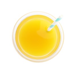 Photo of Tasty mango juice in glass isolated on white, top view