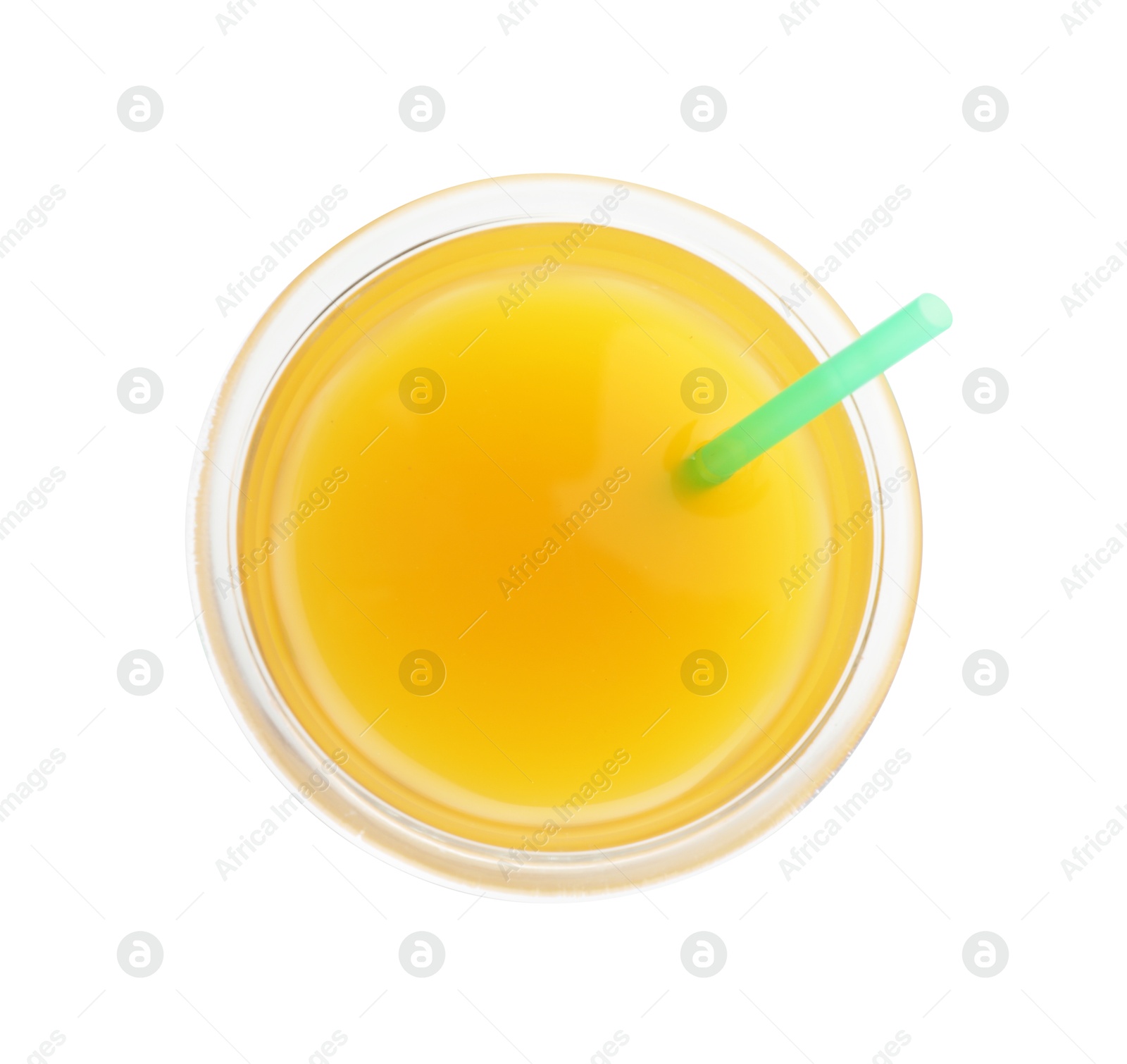 Tasty mango juice in glass isolated on white, top view Photo of Tasty mango juice in glass isolated on white, top view