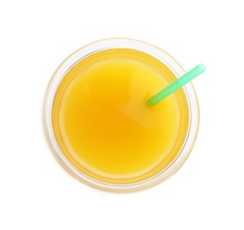 Photo of Tasty mango juice in glass isolated on white, top view