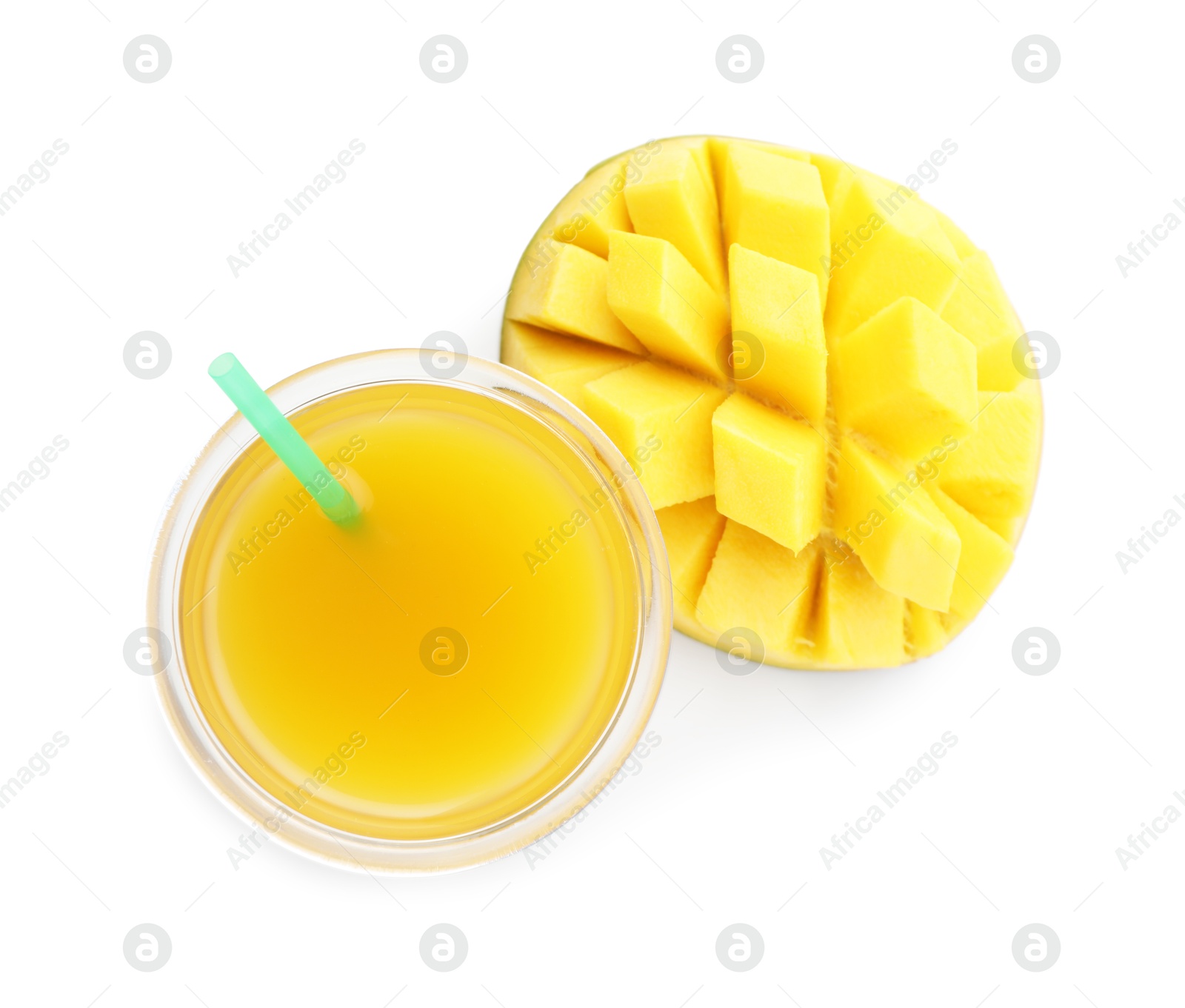 Tasty mango juice in glass and fresh fruit isolated on white Photo of Tasty mango juice in glass and fresh fruit isolated on white