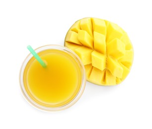 Photo of Tasty mango juice in glass and fresh fruit isolated on white