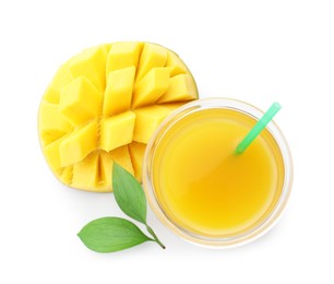 Photo of Tasty mango juice in glass and fresh fruit isolated on white