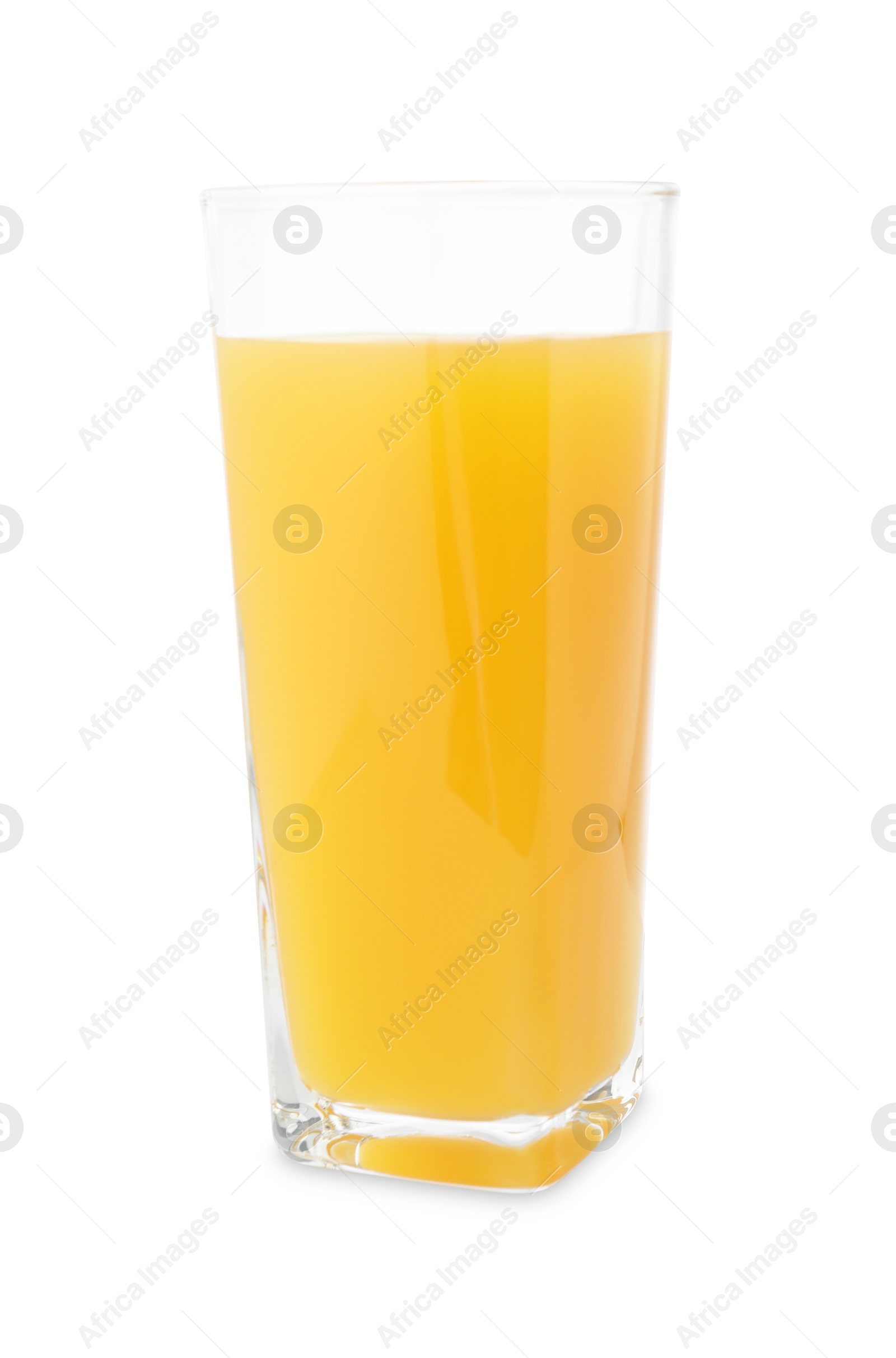 Tasty mango juice in glass isolated on white Photo of Tasty mango juice in glass isolated on white