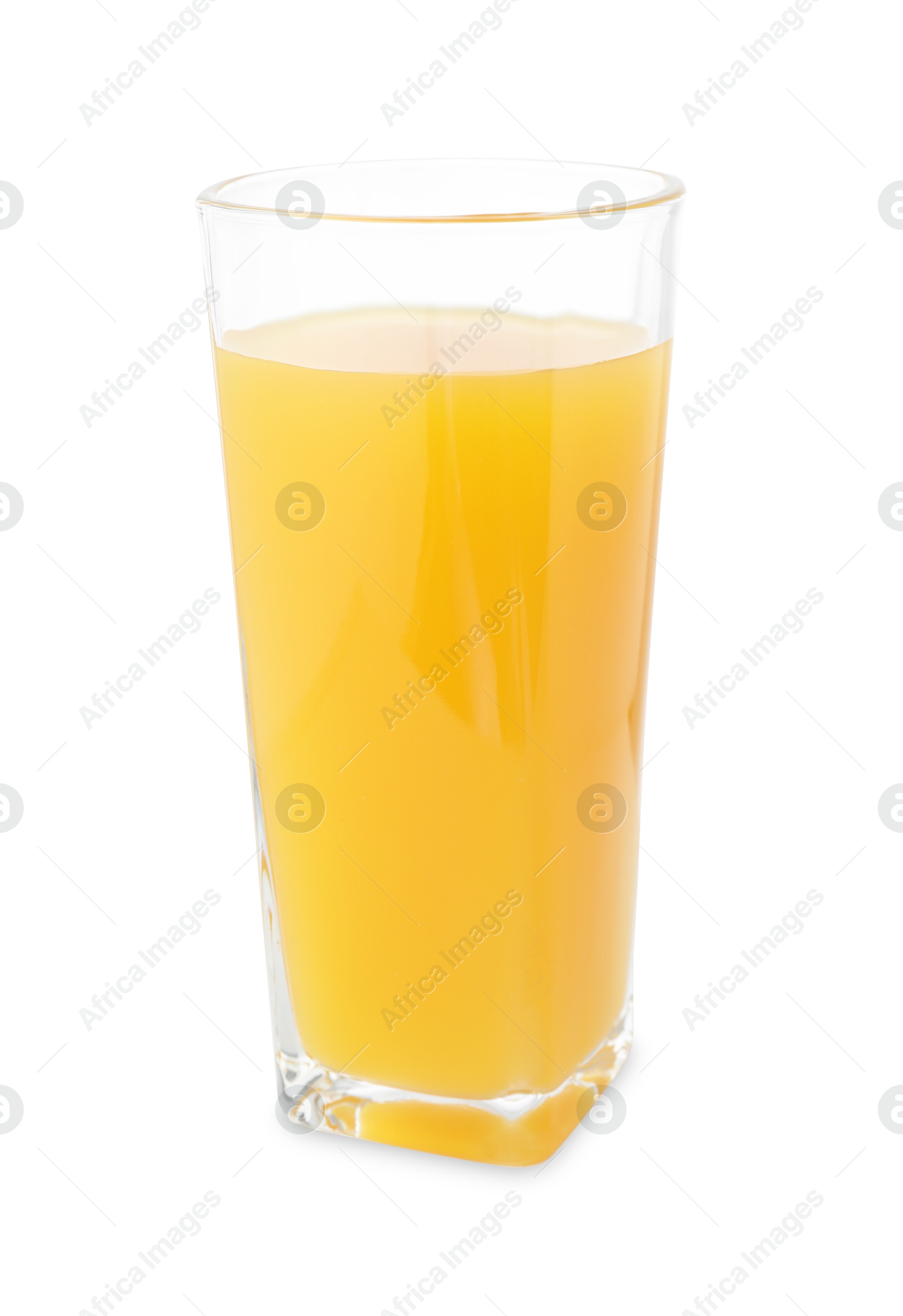 Tasty mango juice in glass isolated on white Photo of Tasty mango juice in glass isolated on white