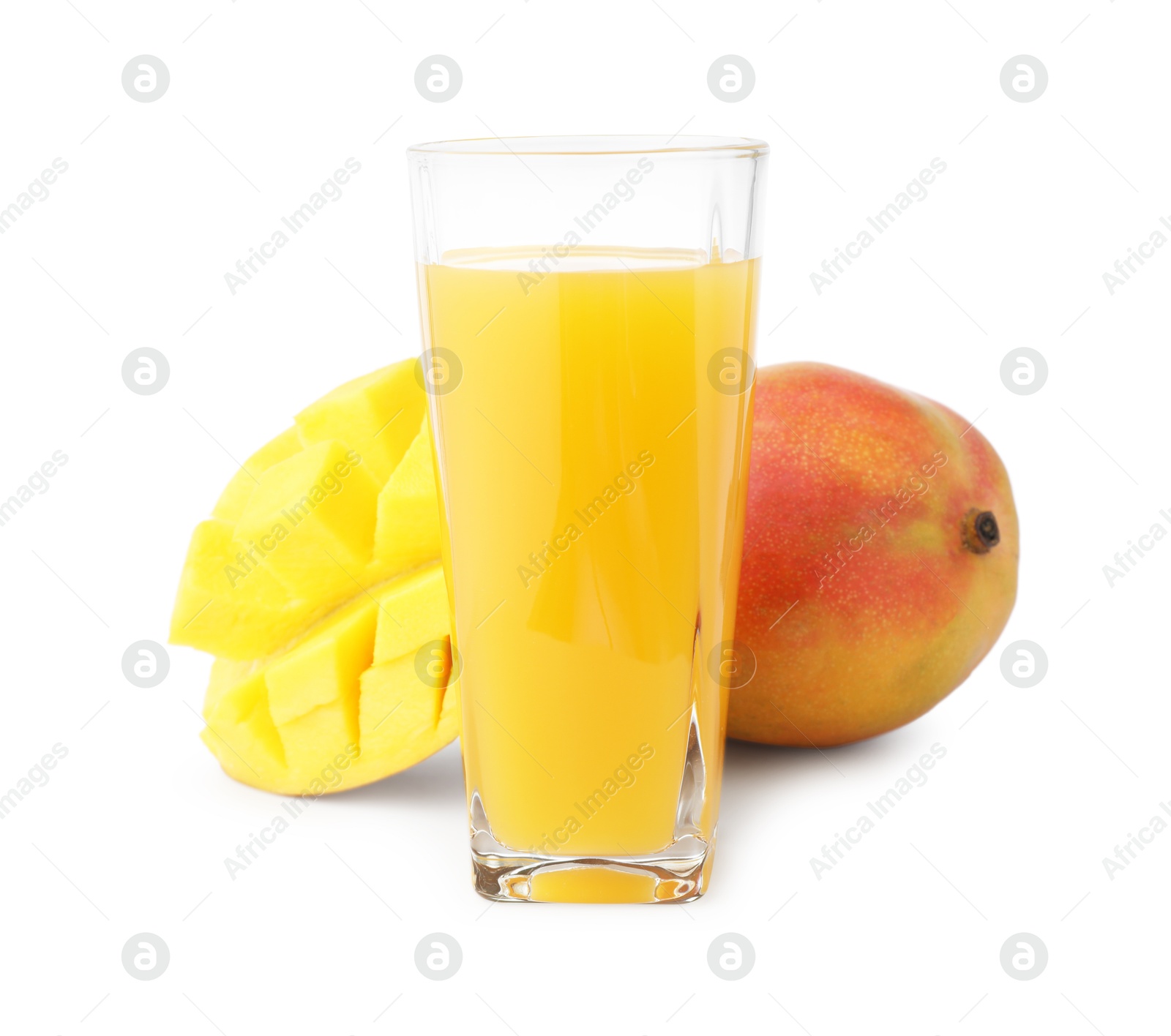 Tasty mango juice in glass and fresh fruits isolated on white Photo of Tasty mango juice in glass and fresh fruits isolated on white