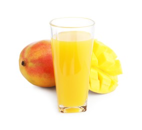 Photo of Tasty mango juice in glass and fresh fruits isolated on white