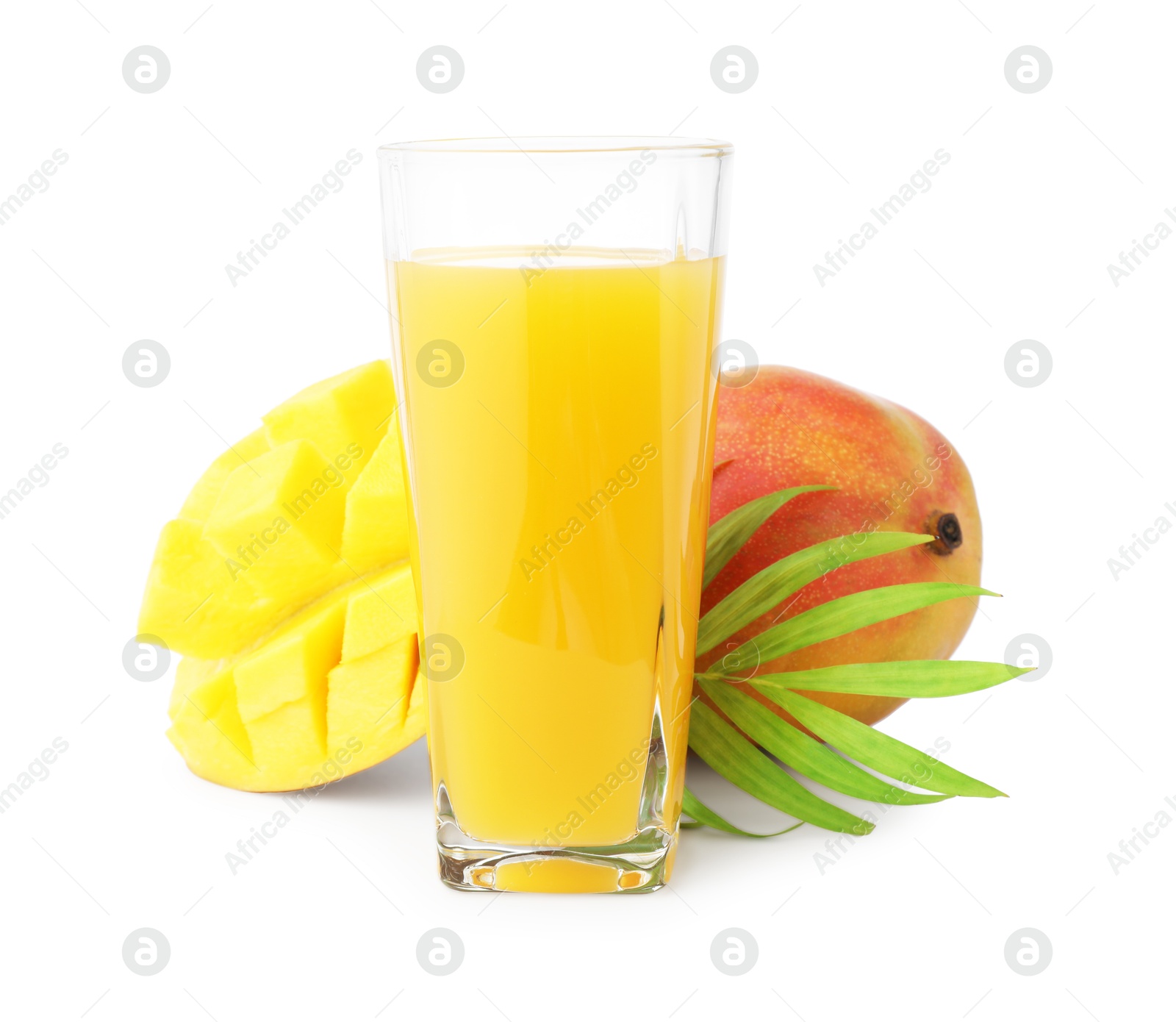 Tasty mango juice in glass and fresh fruits isolated on white Photo of Tasty mango juice in glass and fresh fruits isolated on white