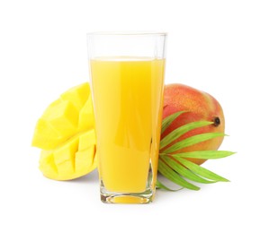 Photo of Tasty mango juice in glass and fresh fruits isolated on white