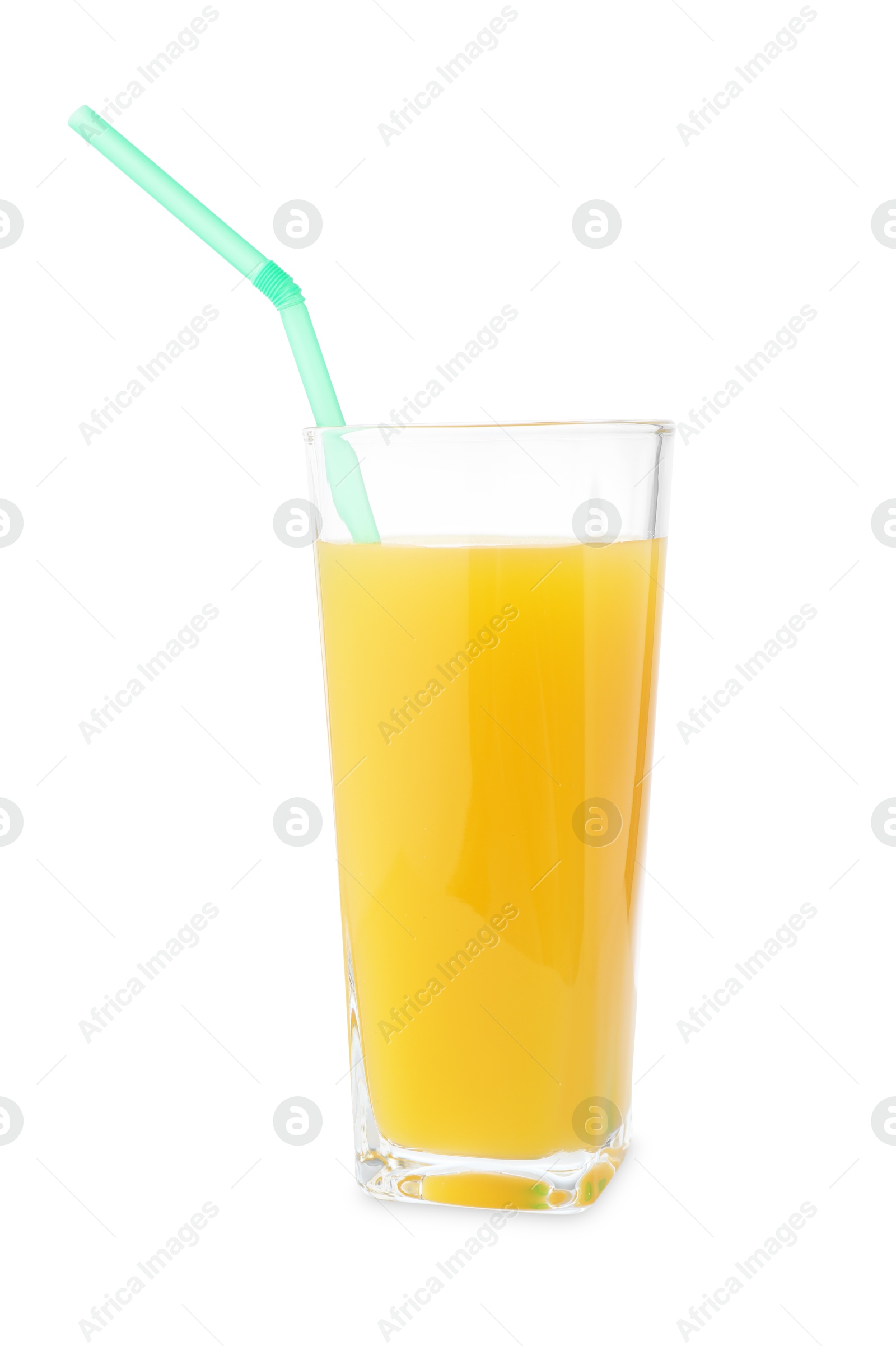 Tasty mango juice in glass with straw isolated on white Photo of Tasty mango juice in glass with straw isolated on white