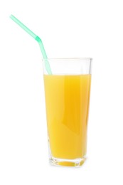 Photo of Tasty mango juice in glass with straw isolated on white