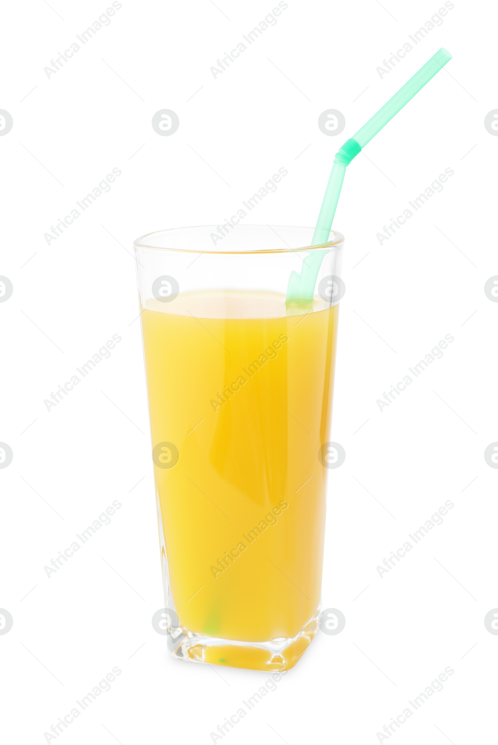 Tasty mango juice in glass with straw isolated on white Photo of Tasty mango juice in glass with straw isolated on white