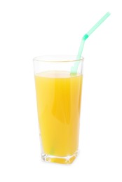 Photo of Tasty mango juice in glass with straw isolated on white