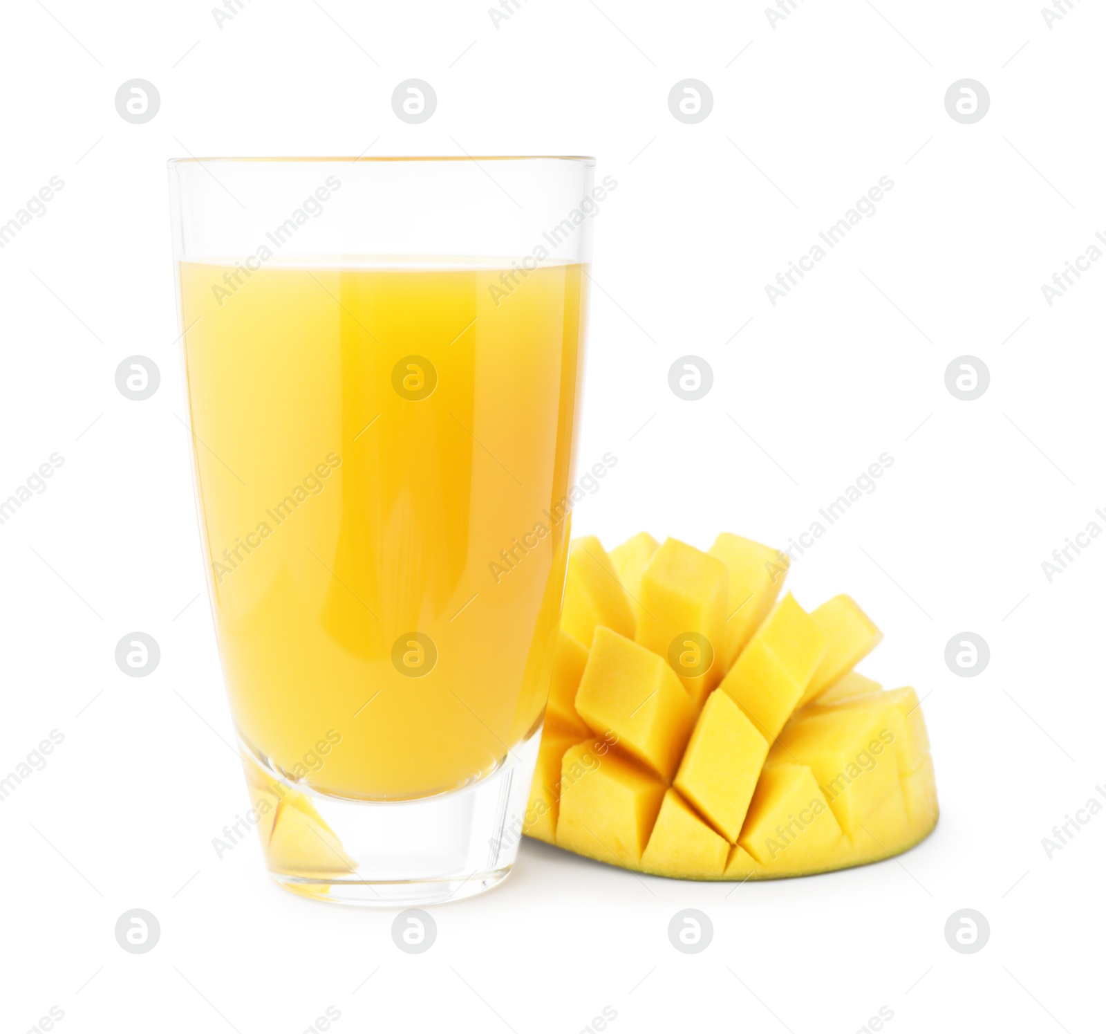 Tasty mango juice in glass and fresh fruit isolated on white Photo of Tasty mango juice in glass and fresh fruit isolated on white