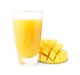 Photo of Tasty mango juice in glass and fresh fruit isolated on white
