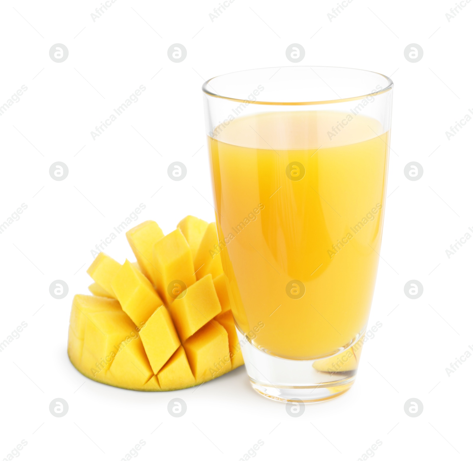 Tasty mango juice in glass and fresh fruit isolated on white Photo of Tasty mango juice in glass and fresh fruit isolated on white