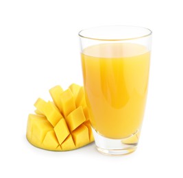 Photo of Tasty mango juice in glass and fresh fruit isolated on white