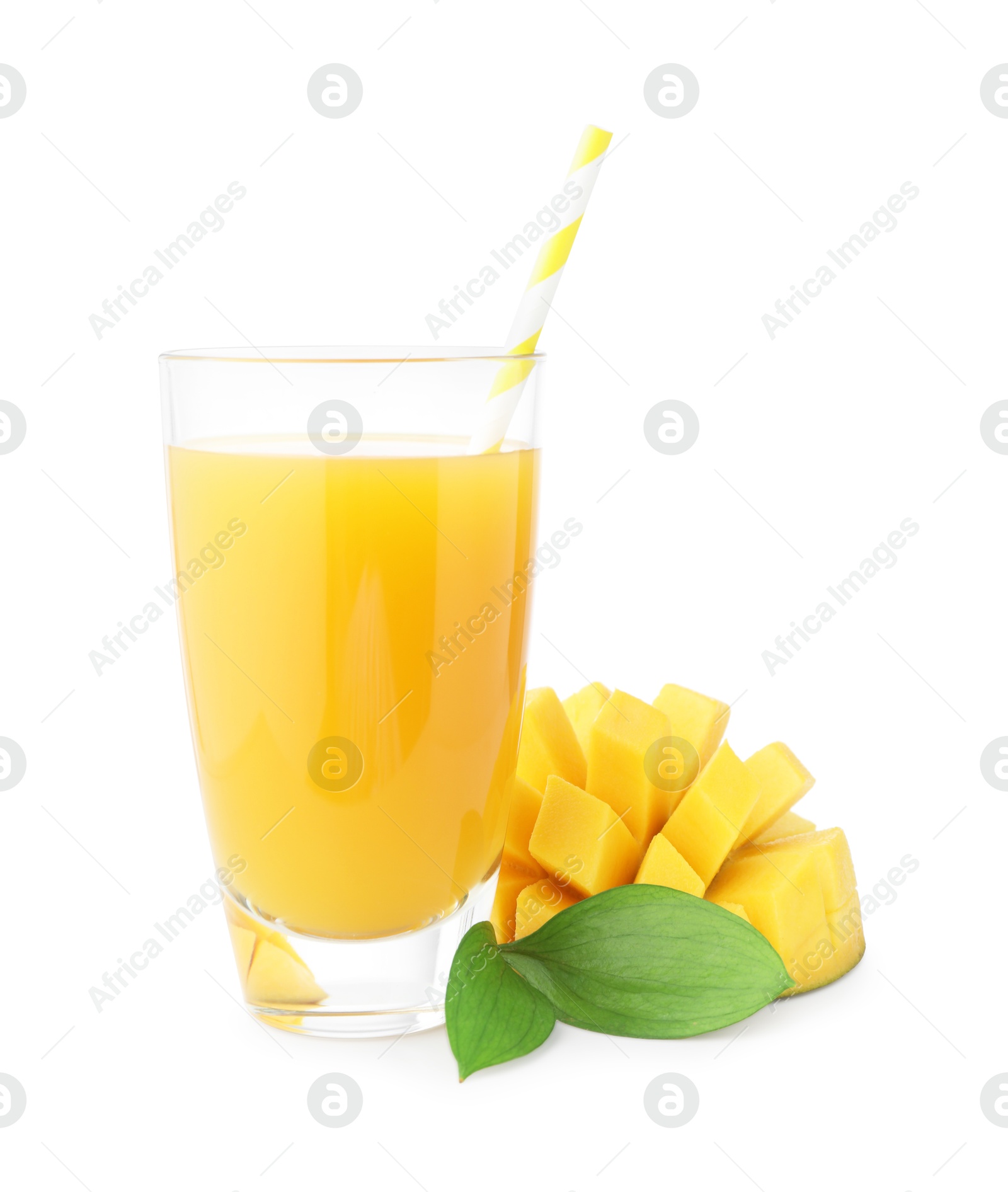 Tasty mango juice in glass and fresh fruit isolated on white Photo of Tasty mango juice in glass and fresh fruit isolated on white