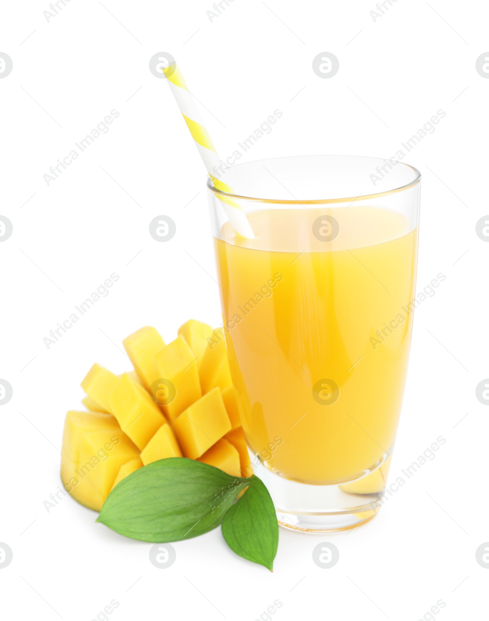 Tasty mango juice in glass and fresh fruit isolated on white Photo of Tasty mango juice in glass and fresh fruit isolated on white