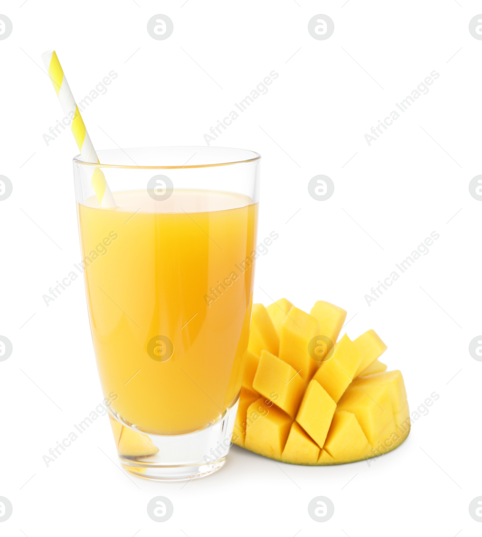 Photo of Tasty mango juice in glass and fresh fruit isolated on white