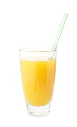 Photo of Tasty mango juice in glass with straw isolated on white