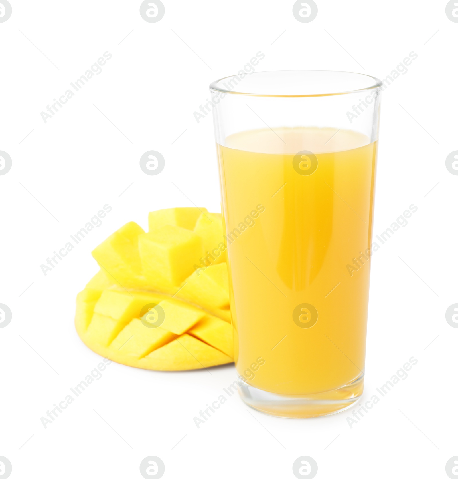 Tasty mango juice in glass and fresh fruit isolated on white Photo of Tasty mango juice in glass and fresh fruit isolated on white