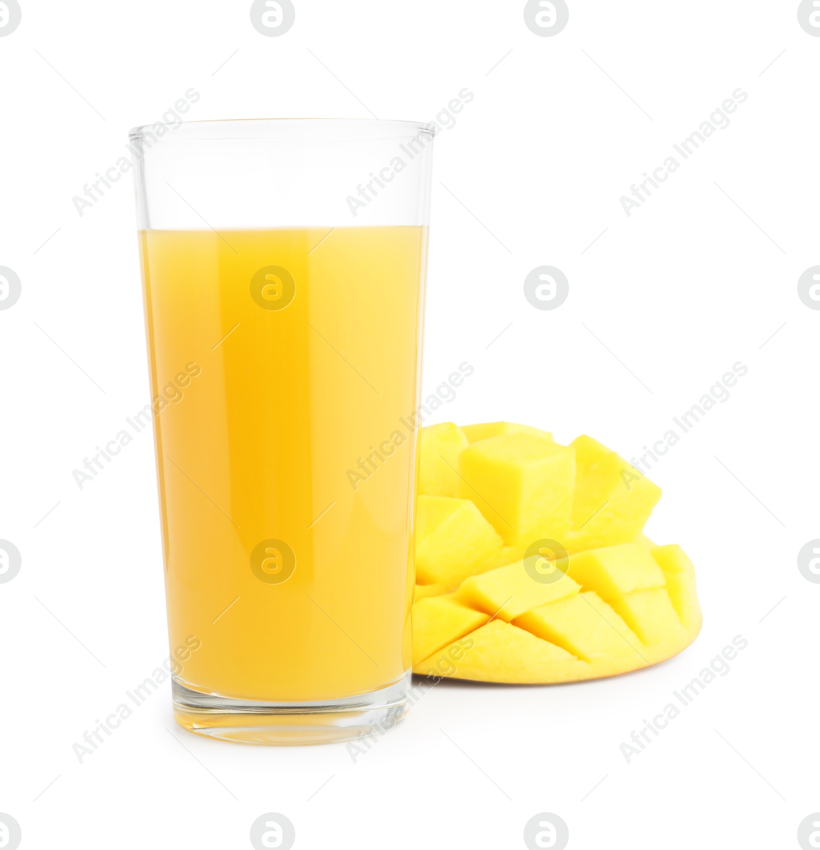Tasty mango juice in glass and fresh fruit isolated on white Photo of Tasty mango juice in glass and fresh fruit isolated on white