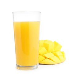 Photo of Tasty mango juice in glass and fresh fruit isolated on white