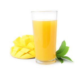 Photo of Tasty mango juice in glass and fresh fruit isolated on white