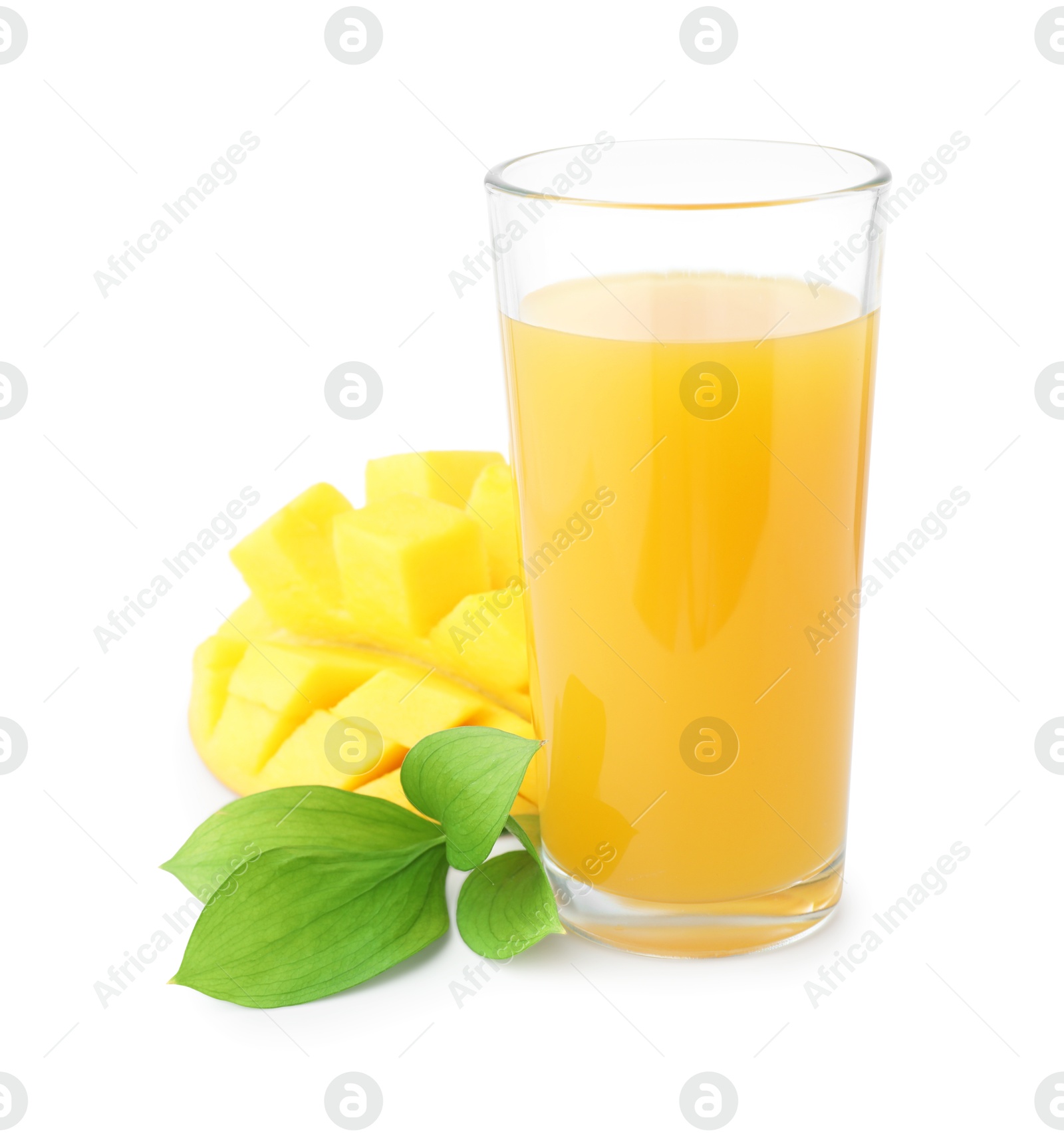 Photo of Tasty mango juice in glass and fresh fruit isolated on white