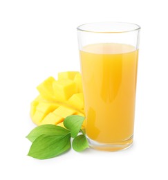 Photo of Tasty mango juice in glass and fresh fruit isolated on white