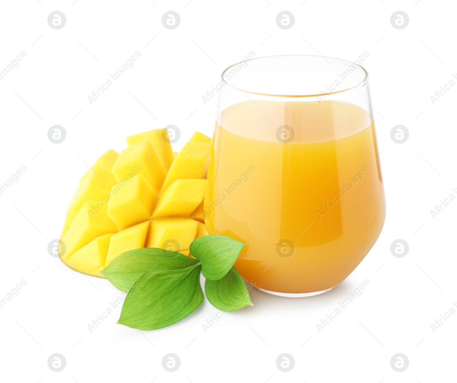 Tasty mango juice in glass and fresh fruit isolated on white Photo of Tasty mango juice in glass and fresh fruit isolated on white