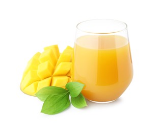 Photo of Tasty mango juice in glass and fresh fruit isolated on white