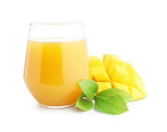 Photo of Tasty mango juice in glass and fresh fruit isolated on white