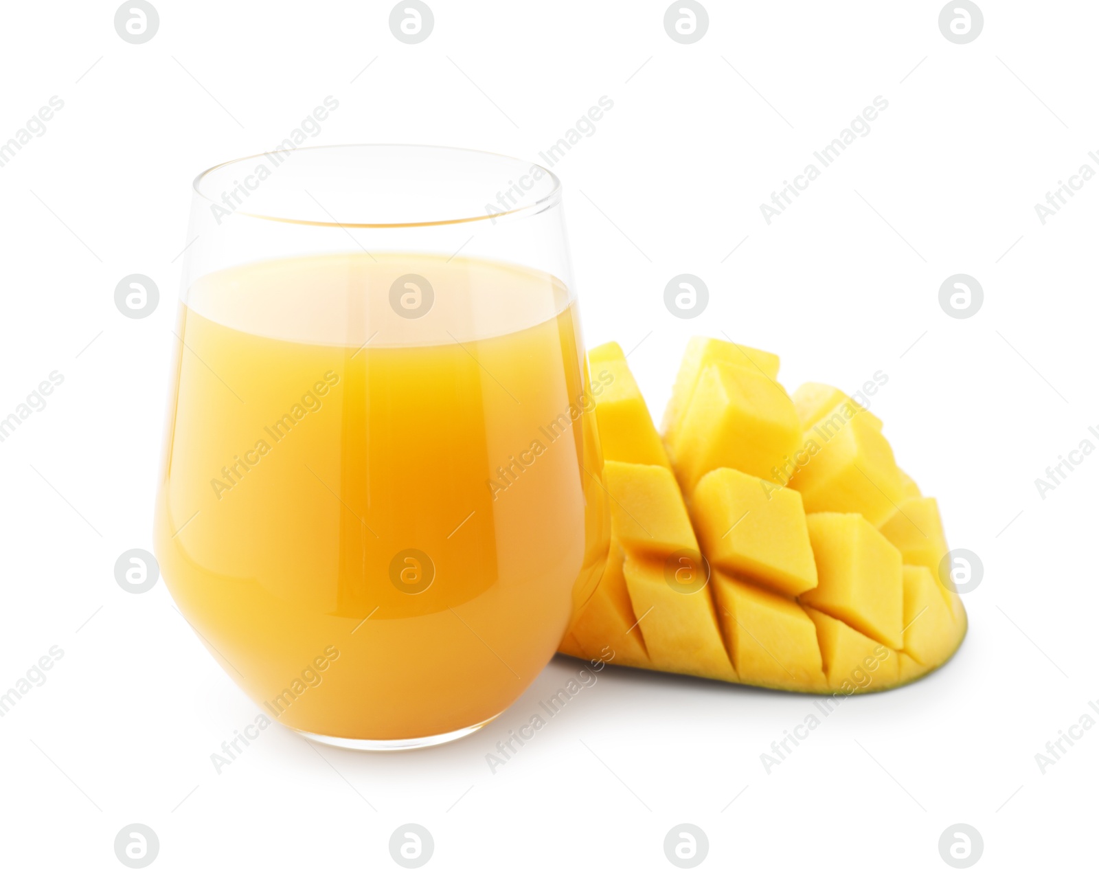 Tasty mango juice in glass and fresh fruit isolated on white Photo of Tasty mango juice in glass and fresh fruit isolated on white