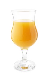 Photo of Tasty mango juice in glass isolated on white