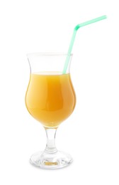 Photo of Tasty mango juice in glass with straw isolated on white