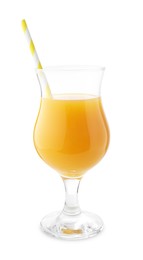 Photo of Tasty mango juice in glass with straw isolated on white