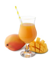 Photo of Tasty mango juice in glass and fresh fruits isolated on white